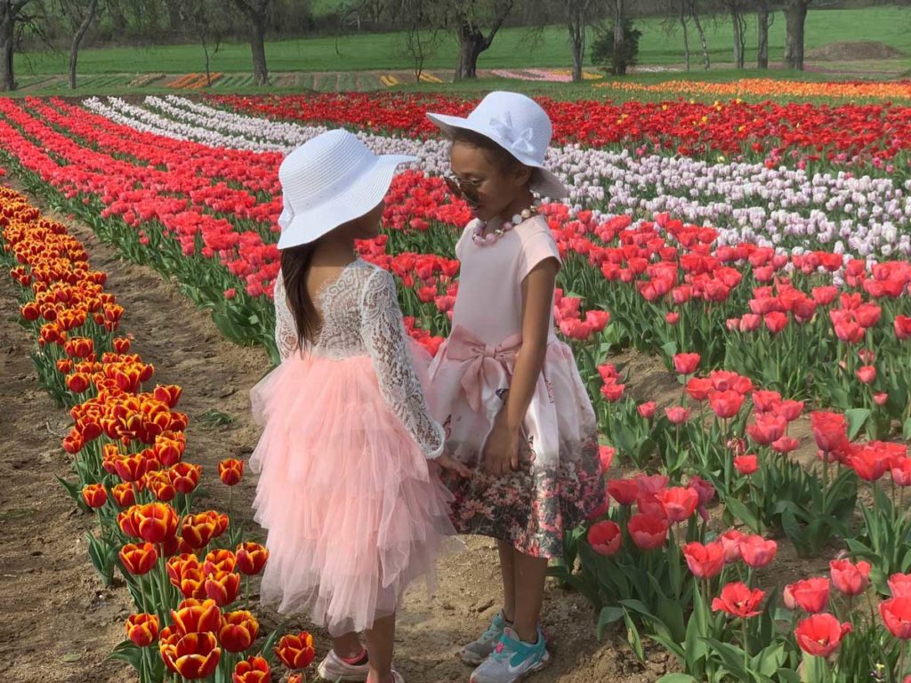 Photo of two girls in dresses at Poston Gardens Tulipalooza in Waxahachie Texas