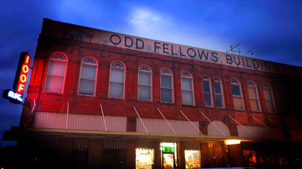 Odd Fellows Building in Waxahachie, Texas at dusk