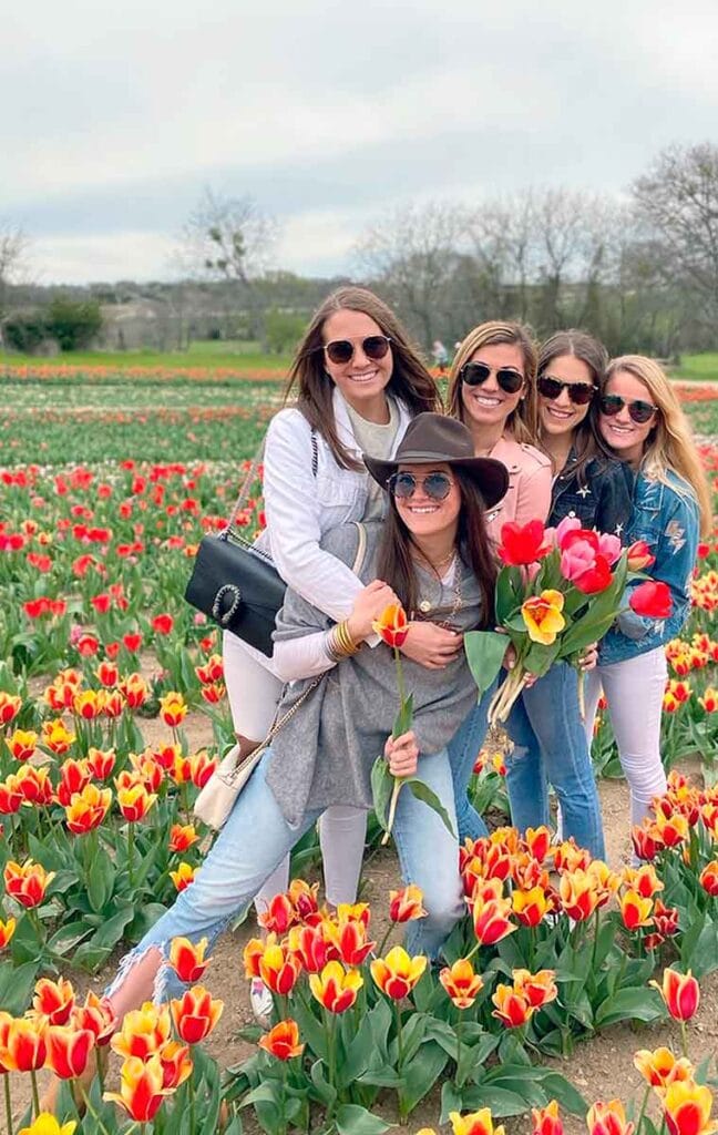 Women picking a tulip bouquet in a tulip field in Waxahachie, Texas during Tulipalooza