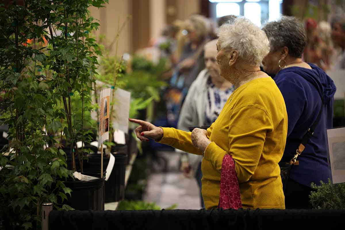 A woman points at plants for sale at the Ellis County Master Gardeners Lawn and Garden Expo
