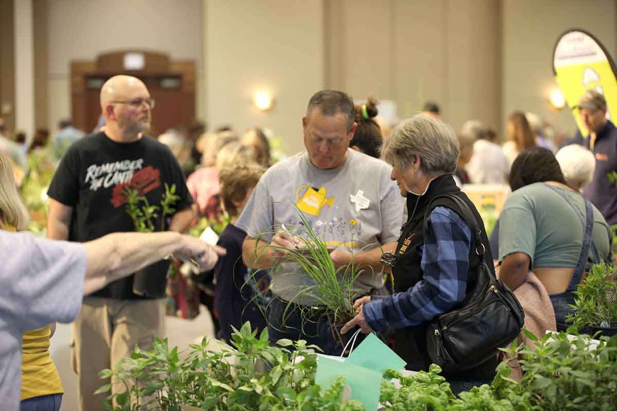 People browsing through plants for sale at Ellis County Master Gardeners Lawn and Garden Expo